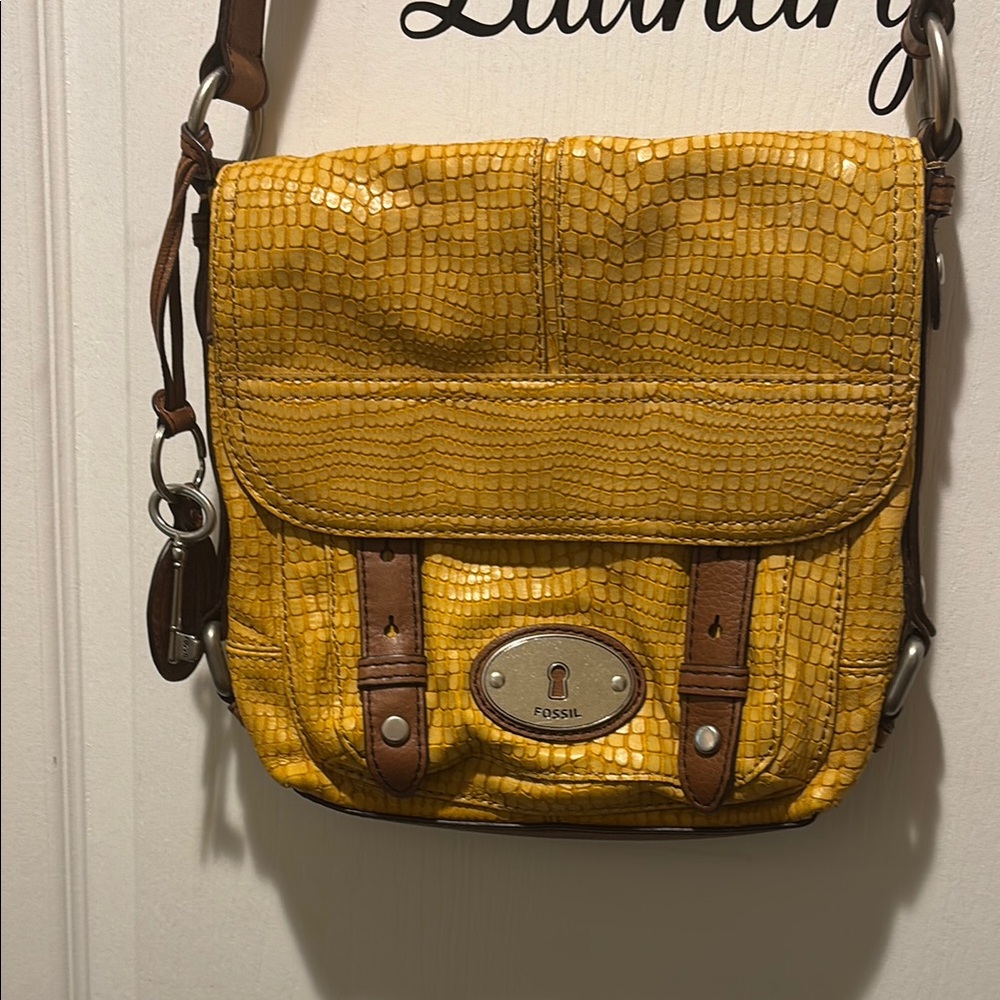 Fossil Yellow Crocodile Embossed Crossbody Bag